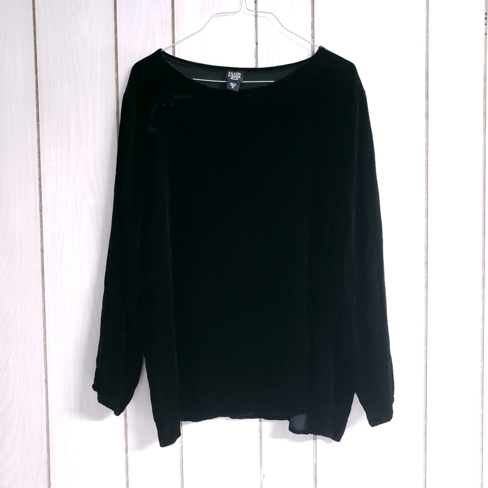 Eileen Fisher Woman Round Neck Black Velour Long Sleeve Top Sweater 1X